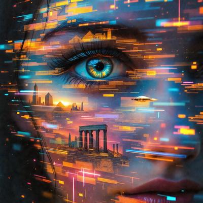 The primary subject of the image is a woman with a blue eye. The setting is a futuristic cityscape, featuring a large building and a spaceship. The visual style is a digital art or illustration, with a vibrant and colorful atmosphere.